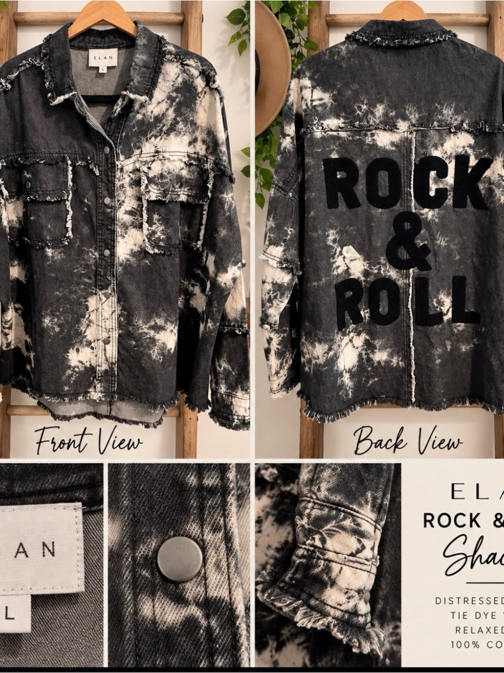 Elan ( Dari) Black & White Tie-Dye 'Rock & Roll' Denim Jacket | Sz L | P2P 30’